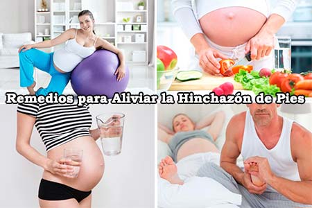 imagenes con distintos remedios y consejos para aliviar los pies hinchados en el embarazo